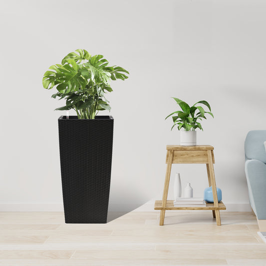 30-Inch Self-Watering Planter with Drain Holes, Inner Tray, Water Level Monitor, Polypropylene, Black