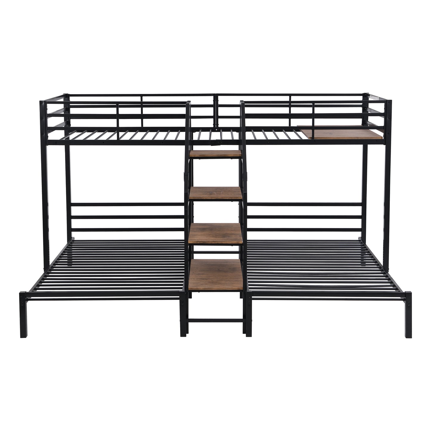 Black Metal Triple Bunk Bed with Storage Shelves and Staircase - Twin Over Twin Configuration