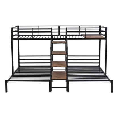 Black Metal Triple Bunk Bed with Storage Shelves and Staircase - Twin Over Twin Configuration