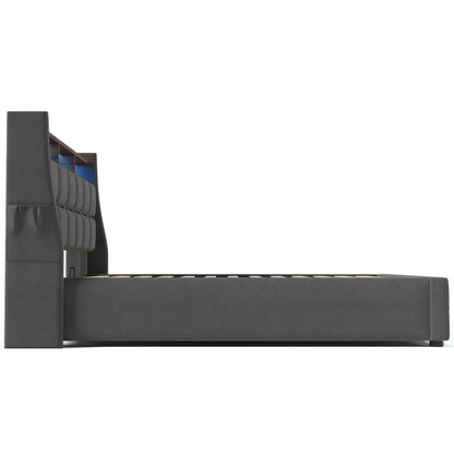 Modern Queen Size Upholstered Platform Bed with Hydraulic Storage, LED Lighting, and USB Port - Grey (Mattress Not Included)