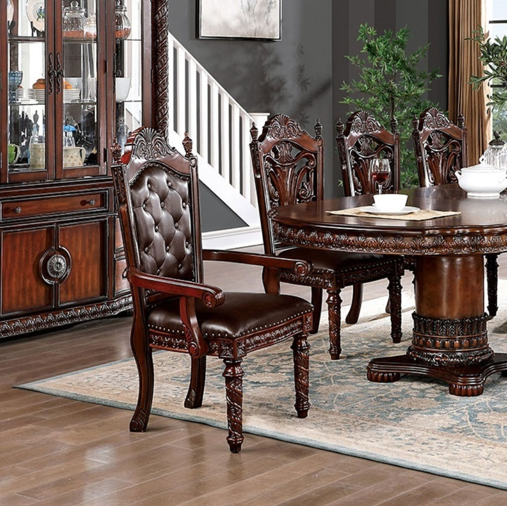 Traditional 2pcs Arm Chairs Brown Cherry Solid wood Dark Brown Leatherette Seats Tufted Back Formal Dining Room Furniture