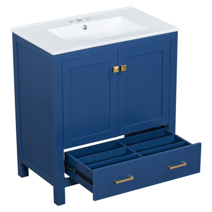 30-Inch Elegant Blue Bathroom Vanity with Ceramic Sink, Stylish Storage Cabinet Featuring Soft-Close Doors and Multifunctional Drawers