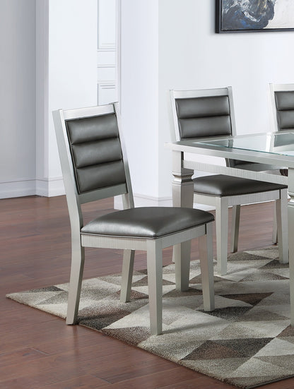 Set of 2 Faux Leather Dining Chairs, Cushioned Seats, Tufted Back, Rubberwood Frame, 18x23x39 in Silver