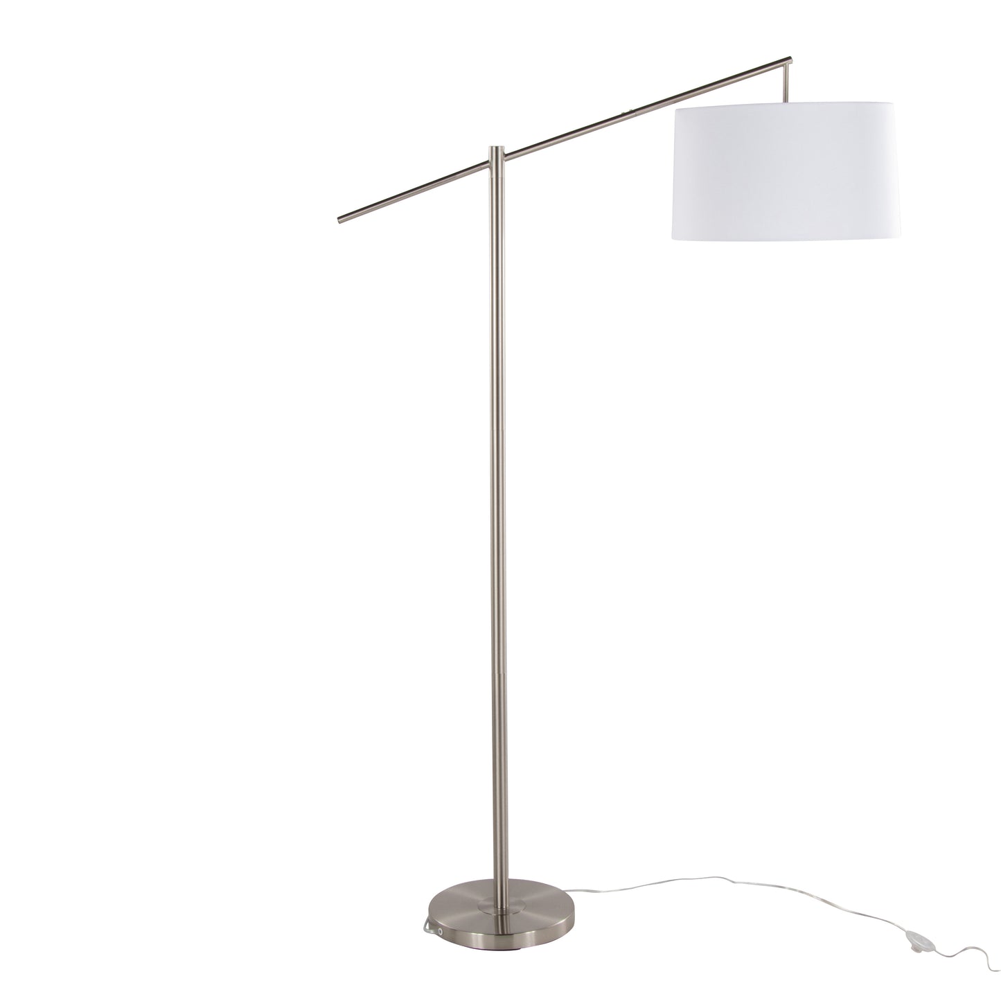 69-Inch Contemporary Metal Floor Lamp with Angled Arm, Off-White Linen Drum Shade, 60W, Brushed Nickel