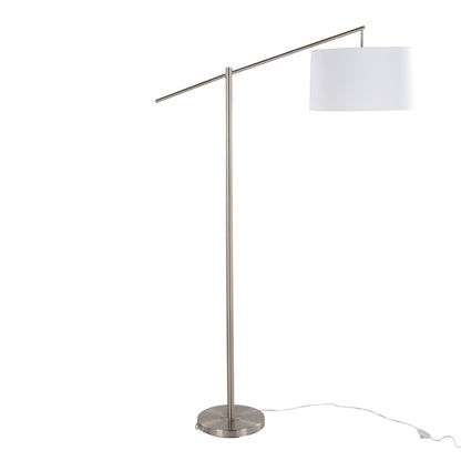 69-Inch Contemporary Metal Floor Lamp with Angled Arm, Off-White Linen Drum Shade, 60W, Brushed Nickel
