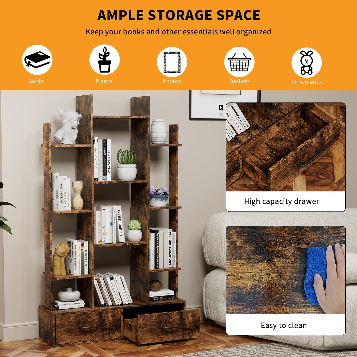 Industrial Vintage Bookshelf with 2 Drawers and 12 Open Shelves - Rustic Brown Freestanding Display Bookcase for Home Office, Bedroom, and Living Room