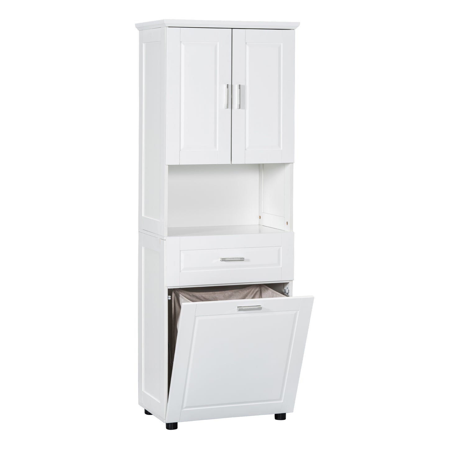 White Tall Storage Cabinet with Tilt-Out Laundry Hamper and Upper Shelves