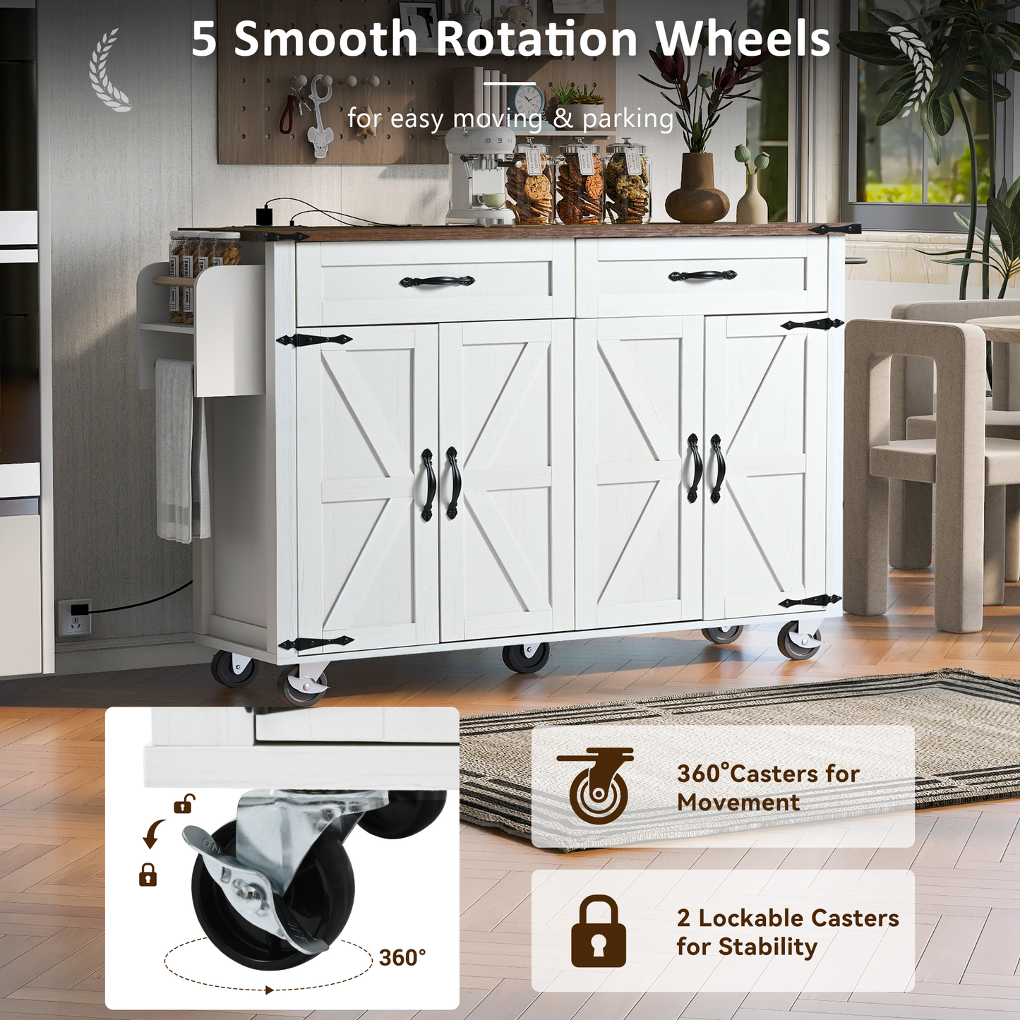 Farmhouse Rolling Kitchen Island with Power Outlet, Drop Leaf, Spice Rack, and Storage Drawers - 53.5'' White Cart for Kitchen and Dining Room