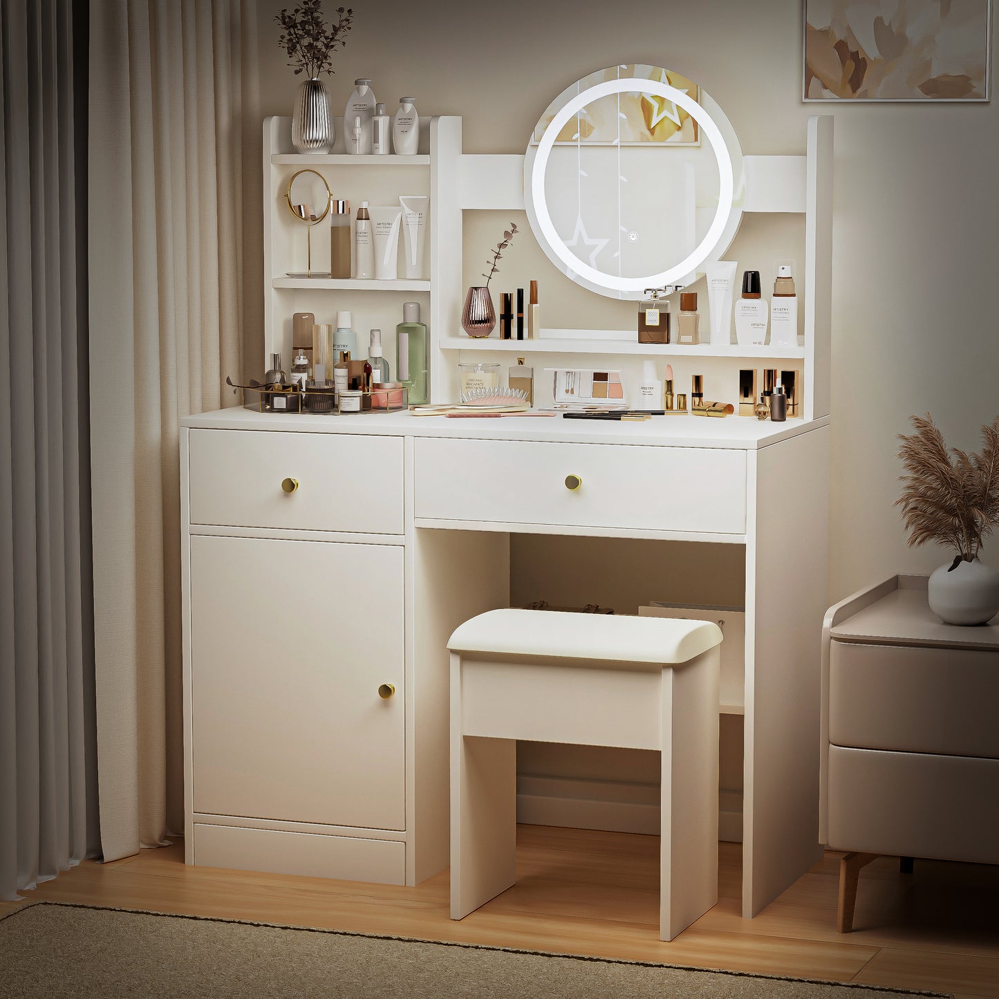 Vanity Set with LED Mirror and Adjustable Lighting, Cushioned Stool, 2 Drawers, Bedroom Vanity, White
