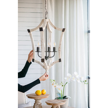 Four-Light Wood Chandelier with Adjustable Chain for Kitchen, Foyer, 18in Wide, Bulbs Not Included, Cream
