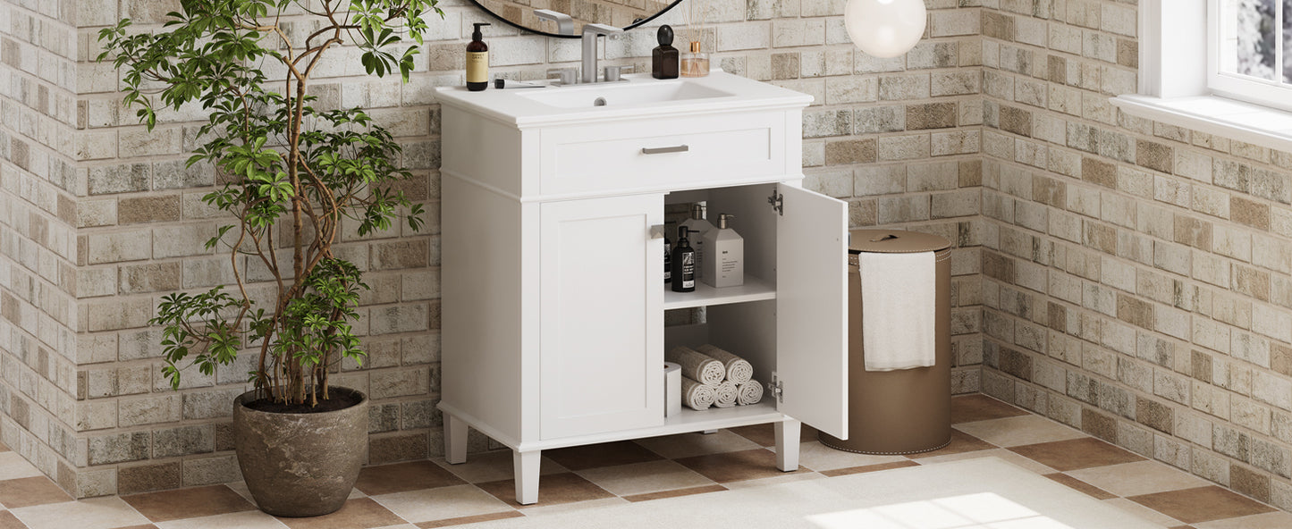 Stylish 30-Inch Bathroom Vanity with Elegant Ceramic Sink, Soft Close Doors, and Adjustable Storage Shelves
