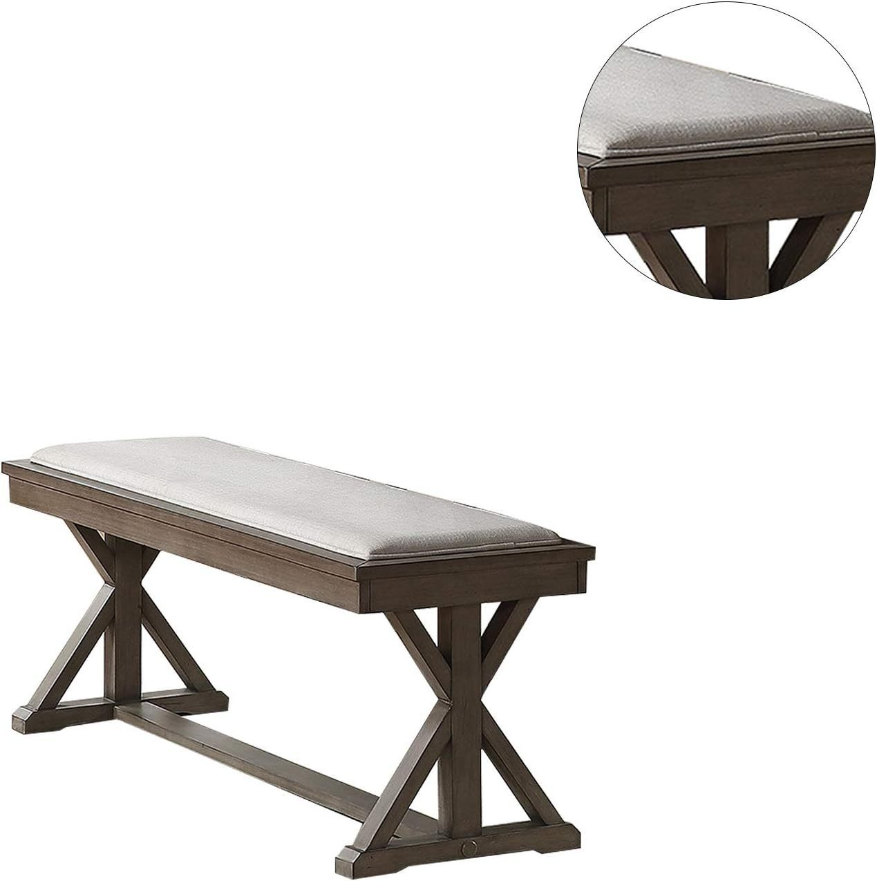 Dining Bench 54 in L x 16 in W x 18 in H, Solid Wood + Veneer, Cream Cushioned Seat, Ash Gray Finish