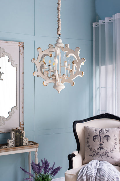 6-Light Wood Chandelier with Adjustable Chain for Kitchen and Dining - Bulbs Not Included Weathered White