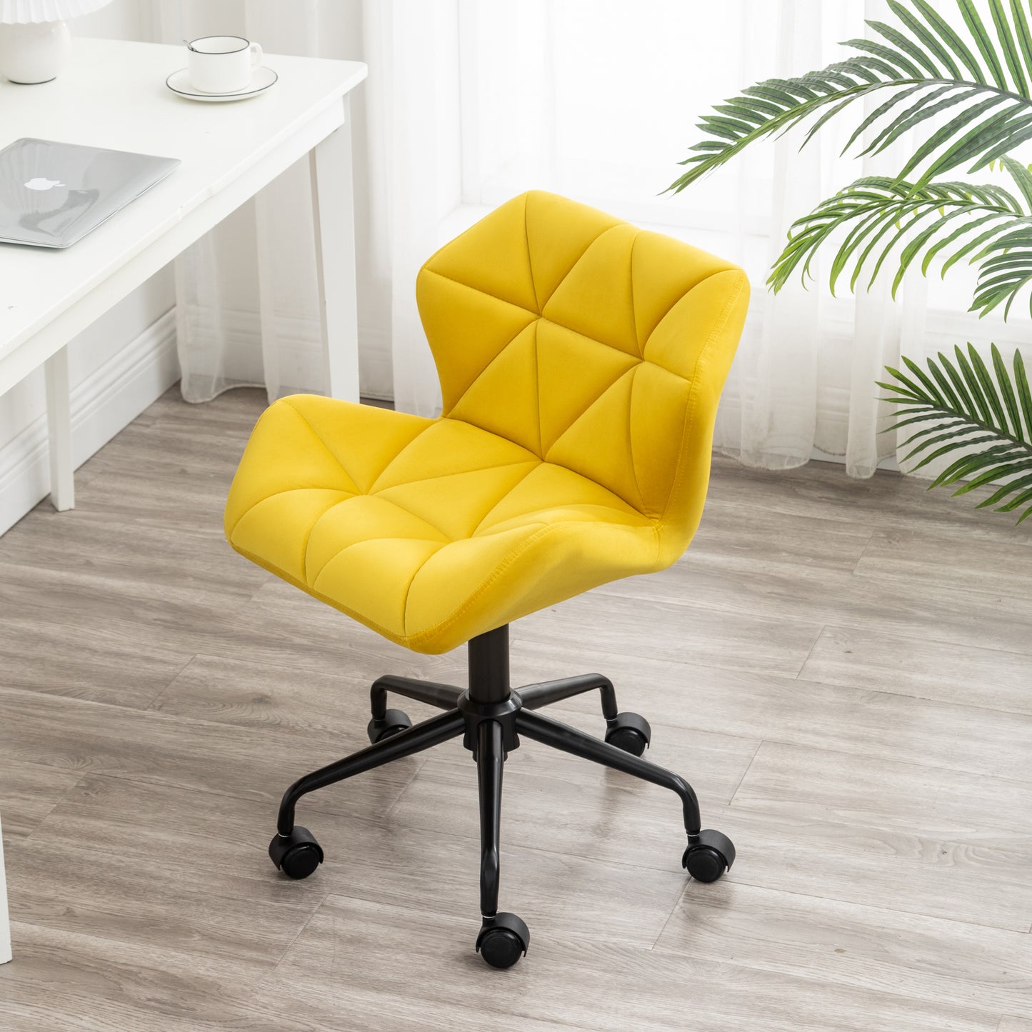 Yellow Velvet Adjustable Swivel Office Chair with Diamond Tufting