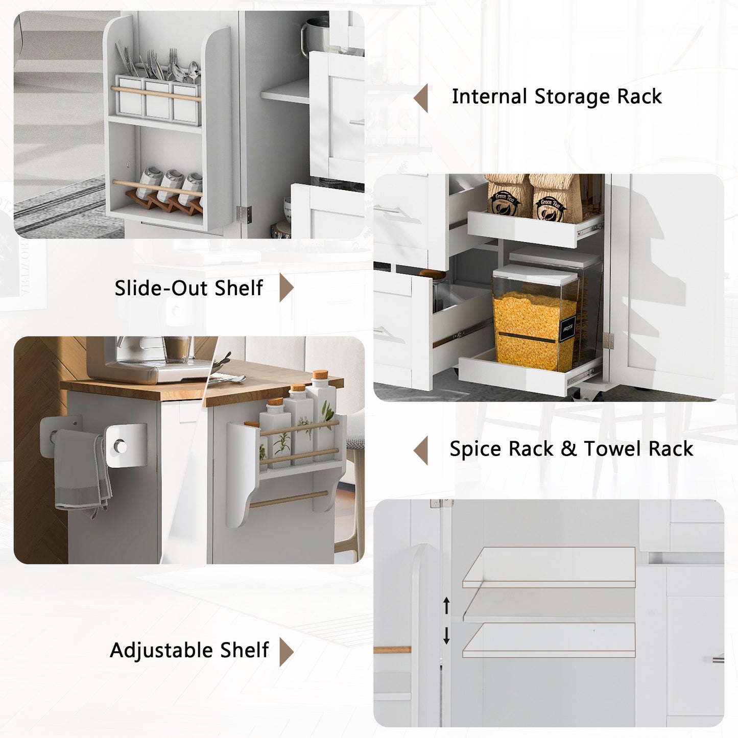 K&K Multi-Function Rolling Kitchen Cart with Storage, Rubber Wood Top, 3 Drawers, 2 Slide-Out Shelves, and Spice Rack, White