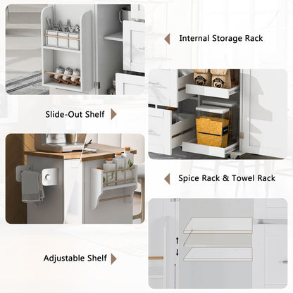 K&K Multi-Function Rolling Kitchen Cart with Storage, Rubber Wood Top, 3 Drawers, 2 Slide-Out Shelves, and Spice Rack, White