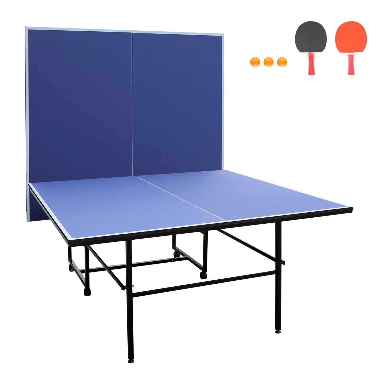 9ft Foldable Indoor Table Tennis Table with Net, 2 Paddles & 3 Balls, 12mm MDF, Quick Assembly Blue