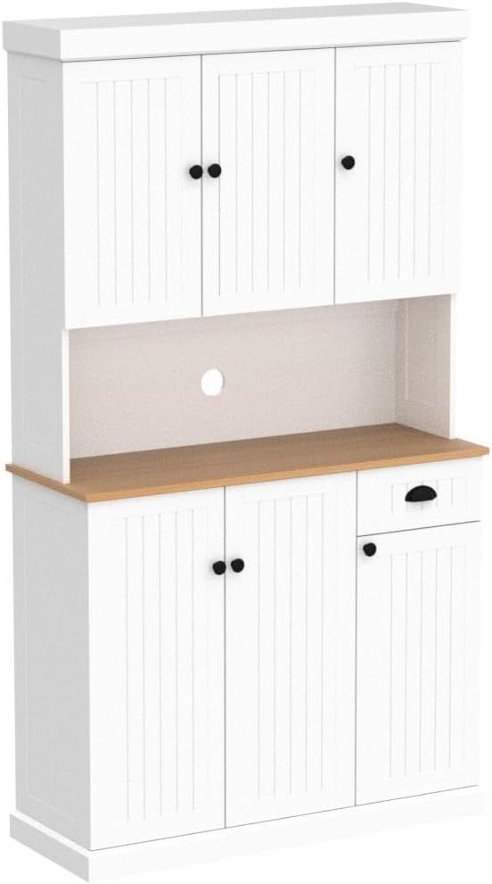 Modern 71" Freestanding Kitchen Storage Cabinet with Adjustable Shelves and Microwave Countertop - White