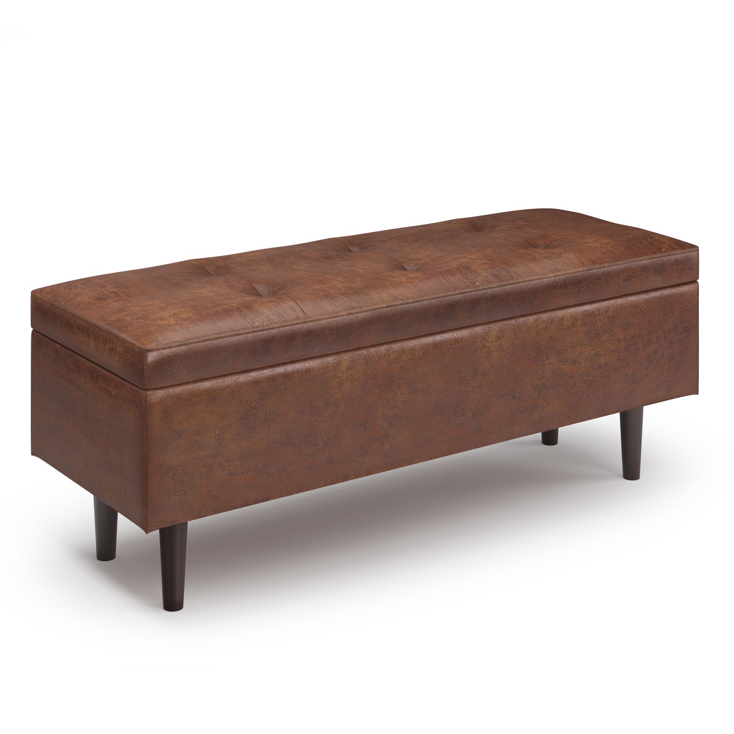 Mid-Century Rectangular Storage Ottoman with Lift-Top, Faux Leather, Living Room Distressed Saddle Brown