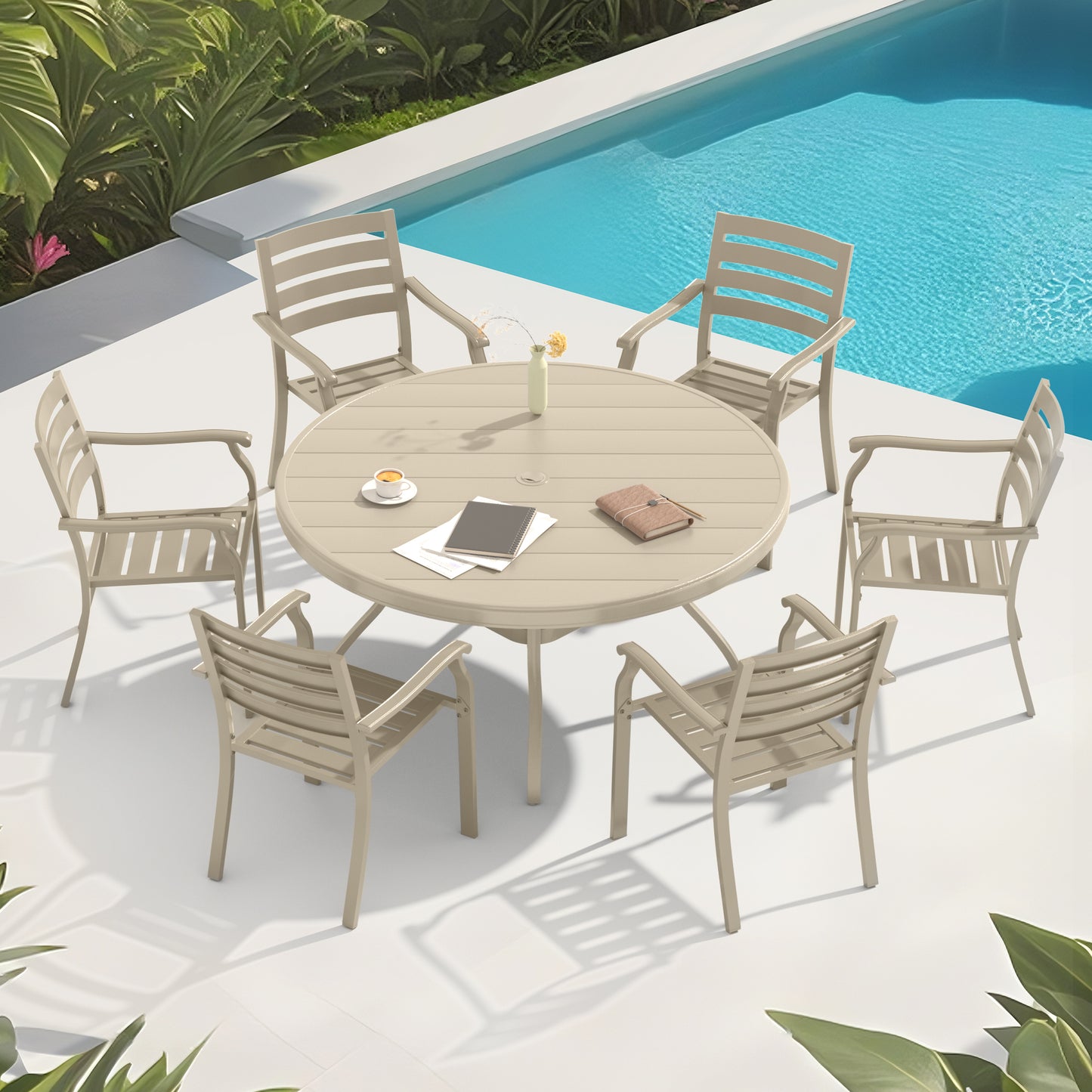 7-Pc Outdoor Patio Dining Set: 6 Stackable Metal Chairs + 52.95-Inch Table for Patio - Casual Sandstone