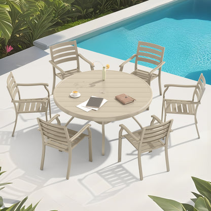 7-Pc Outdoor Patio Dining Set: 6 Stackable Metal Chairs + 52.95-Inch Table for Patio - Casual Sandstone