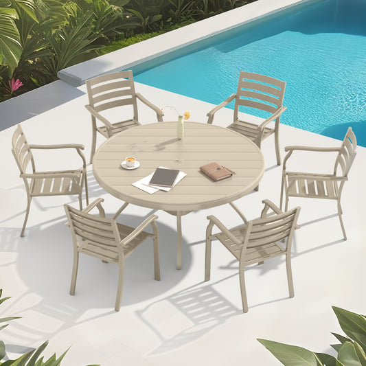 7-Pc Outdoor Patio Dining Set: 6 Stackable Metal Chairs + 52.95-Inch Table for Patio - Casual Sandstone