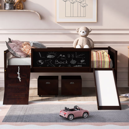 Espresso Twin Loft Bed with Slide and Storage Bins