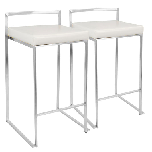 Fuji Contemporary Stackable Counter Stool in White Faux Leather by LumiSource - Set of 2