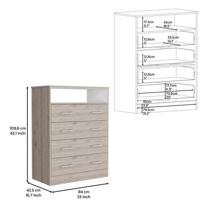 Elegant Four-Drawer Dresser with Open Shelf in Light Gray and White