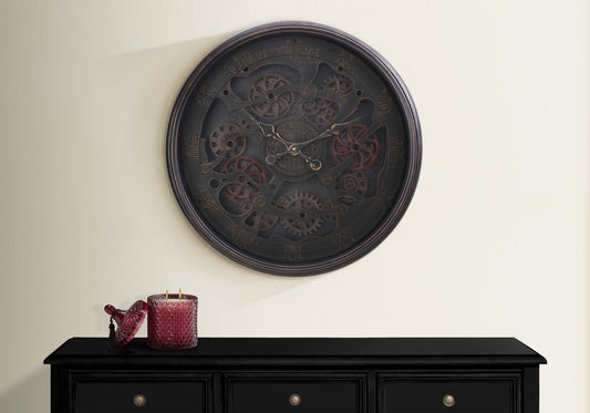 30-Inch Round Wall Clock with Open Gear Mechanism, Oversized Modern-Transitional Quartz, Glass, Black