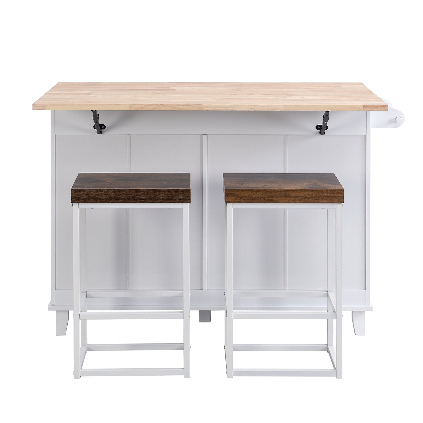 Rustic White Farmhouse Kitchen Island Set with Drop Leaf, 2 Stools, and Ample Storage