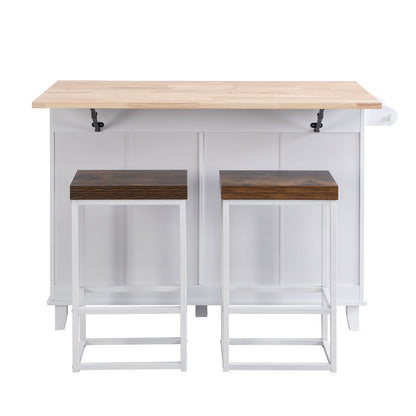 Rustic White Farmhouse Kitchen Island Set with Drop Leaf, 2 Stools, and Ample Storage