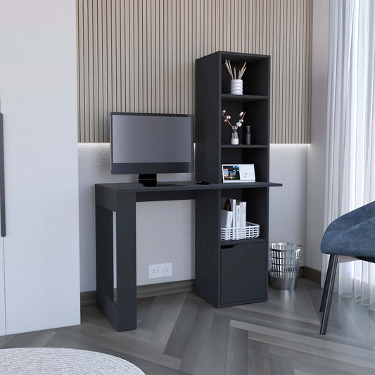 Black Writing Desk with Integrated Bookcase and Storage Cabinet