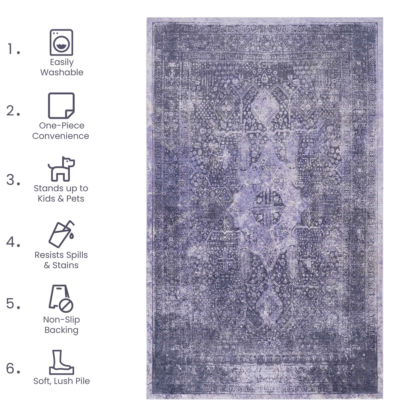 2x3 Machine-Washable Area Rug, Low-Pile, Non-Slip, Foldable, Kid & Pet Friendly, Living Room - Anthracite