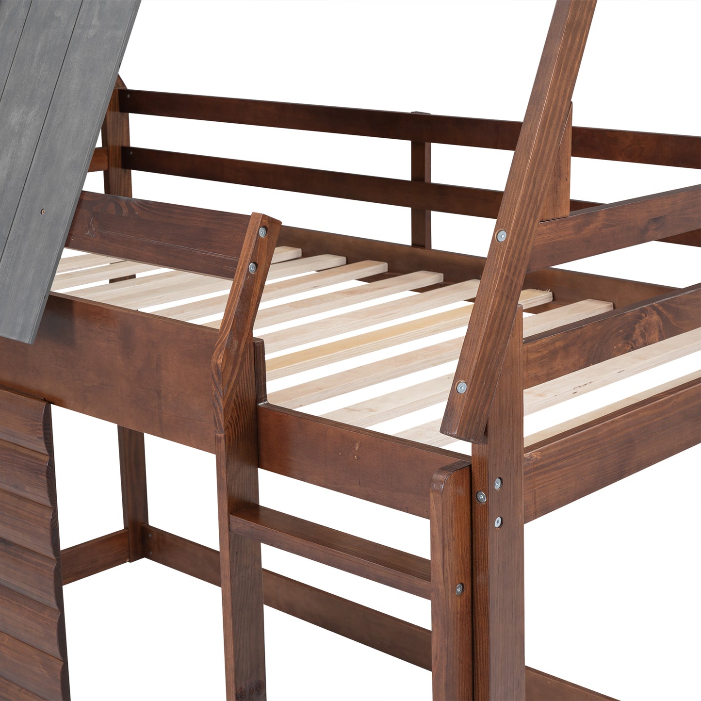 Charming Oak & Smoky Grey Twin Size House Bunk Bed with Roof, Ladder, and Two Windows