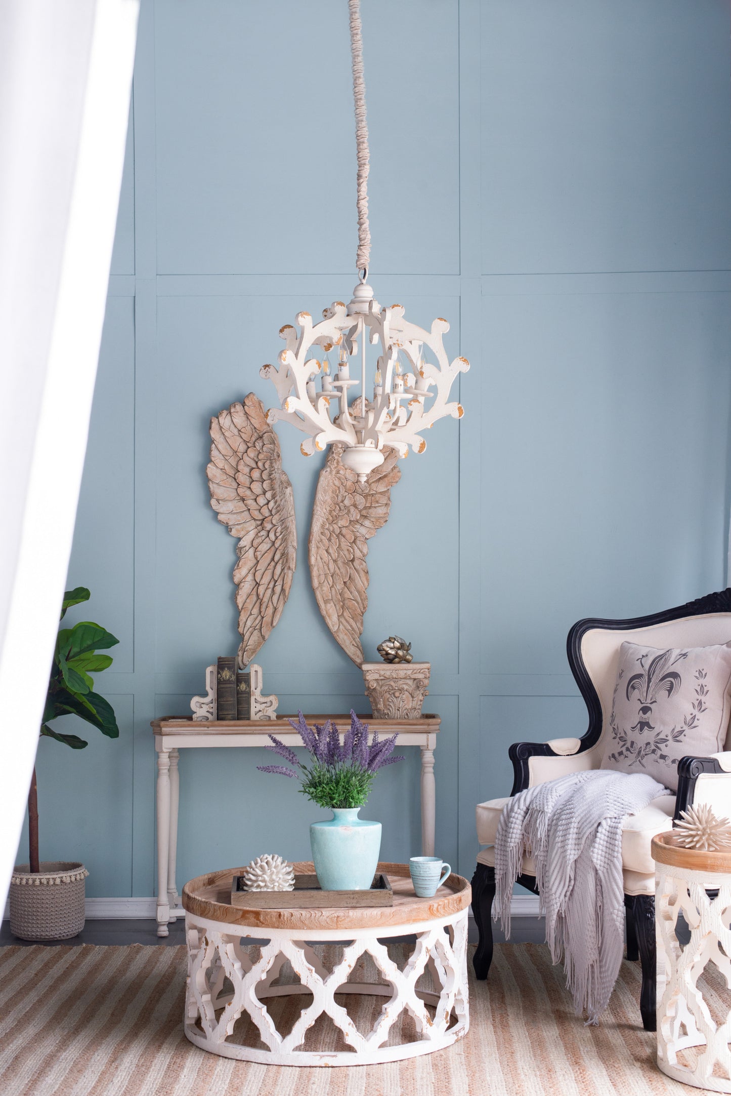 6-Light Wood Chandelier with Adjustable Chain for Kitchen and Dining - Bulbs Not Included Weathered White