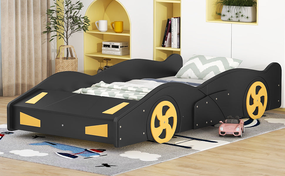 Twin Size Race Car Platform Bed with Storage and Wheels in Black and Yellow