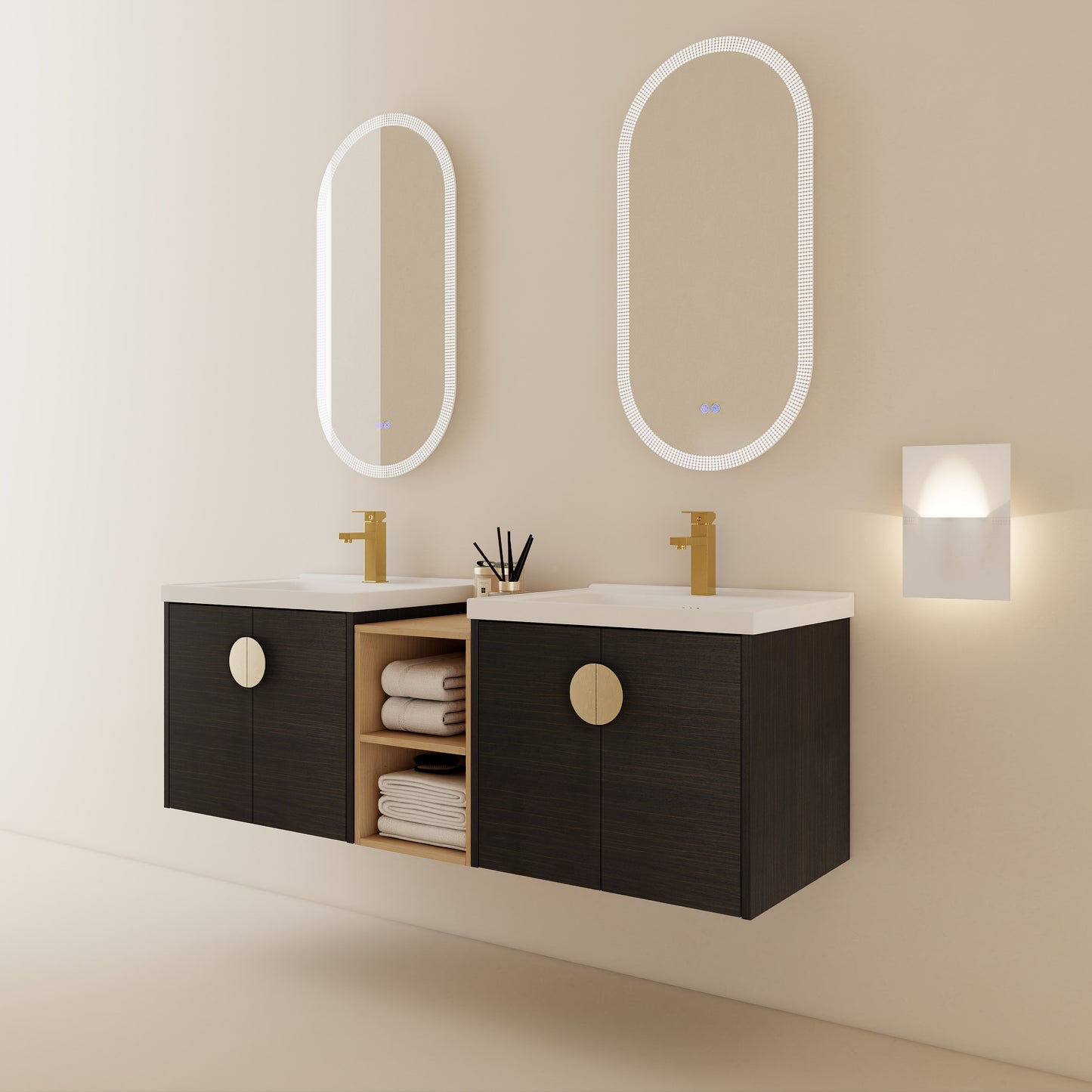 60 Inch Wall-Mounted Bathroom Vanity with Soft Close Doors and Ceramic Sink, Includes Small Storage Shelves - BVC06360BCT