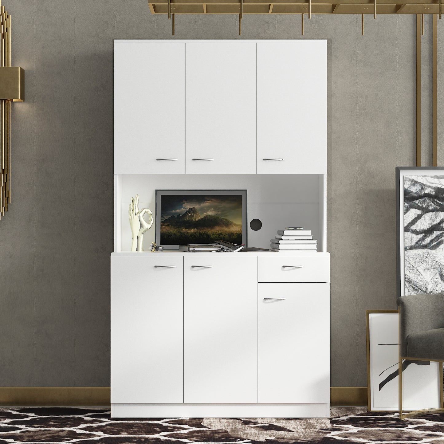 Elegant 70.87" Tall White Wardrobe & Kitchen Cabinet with 6 Doors, 1 Drawer, and Open Shelves for Stylish Storage
