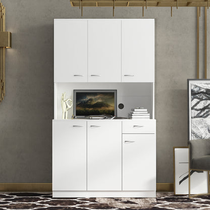 Elegant 70.87" Tall White Wardrobe & Kitchen Cabinet with 6 Doors, 1 Drawer, and Open Shelves for Stylish Storage