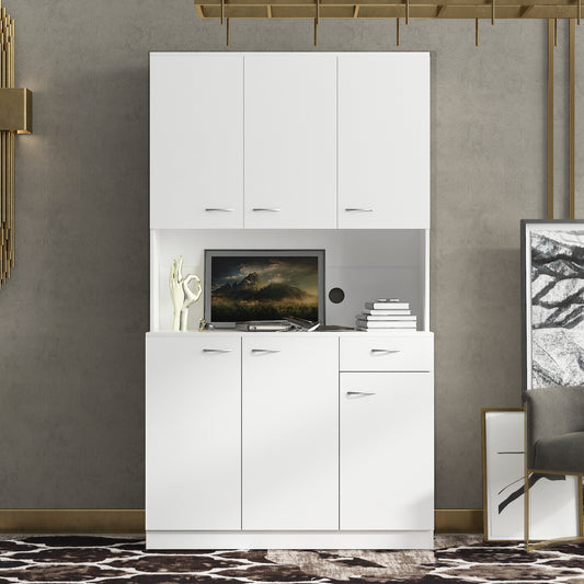Elegant 70.87" Tall White Wardrobe & Kitchen Cabinet with 6 Doors, 1 Drawer, and Open Shelves for Stylish Storage