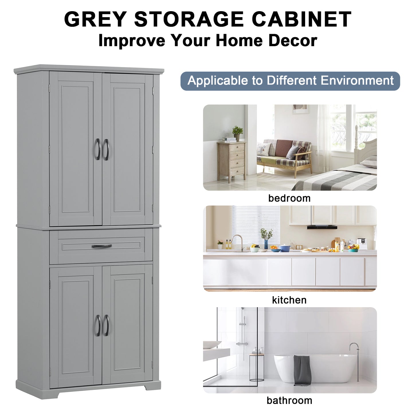 Tall Grey MDF Bathroom Storage Cabinet with Adjustable Shelf and Multiple Storage Solutions
