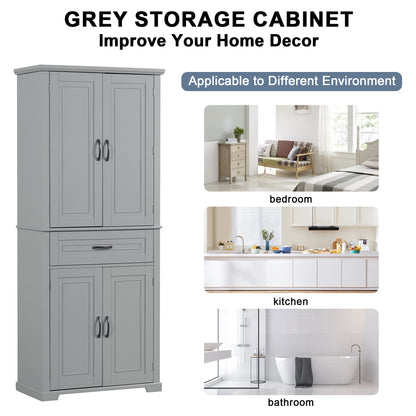 Tall Grey MDF Bathroom Storage Cabinet with Adjustable Shelf and Multiple Storage Solutions