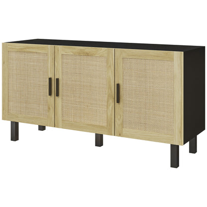 HOMCOM Sideboard Buffet Cabinet, Kitchen Cabinet, Coffee Bar Cabinet with 3 Rattan Doors and Adjustable Shelves, Black and Natural