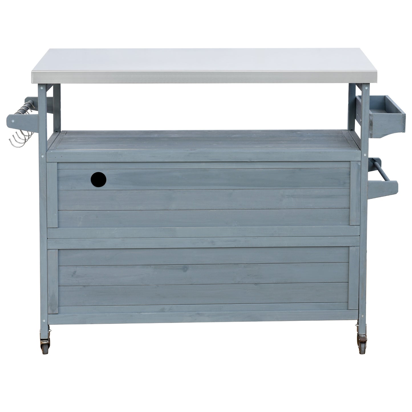 Rolling Outdoor Kitchen Island with Stainless Steel Top, Grey Blue Fir Wood Bar Cart & Storage Cabinet for BBQ and Garden Parties