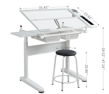 Adjustable Hand Crank Drafting Table with Stool and Dual Metal Drawers (White)