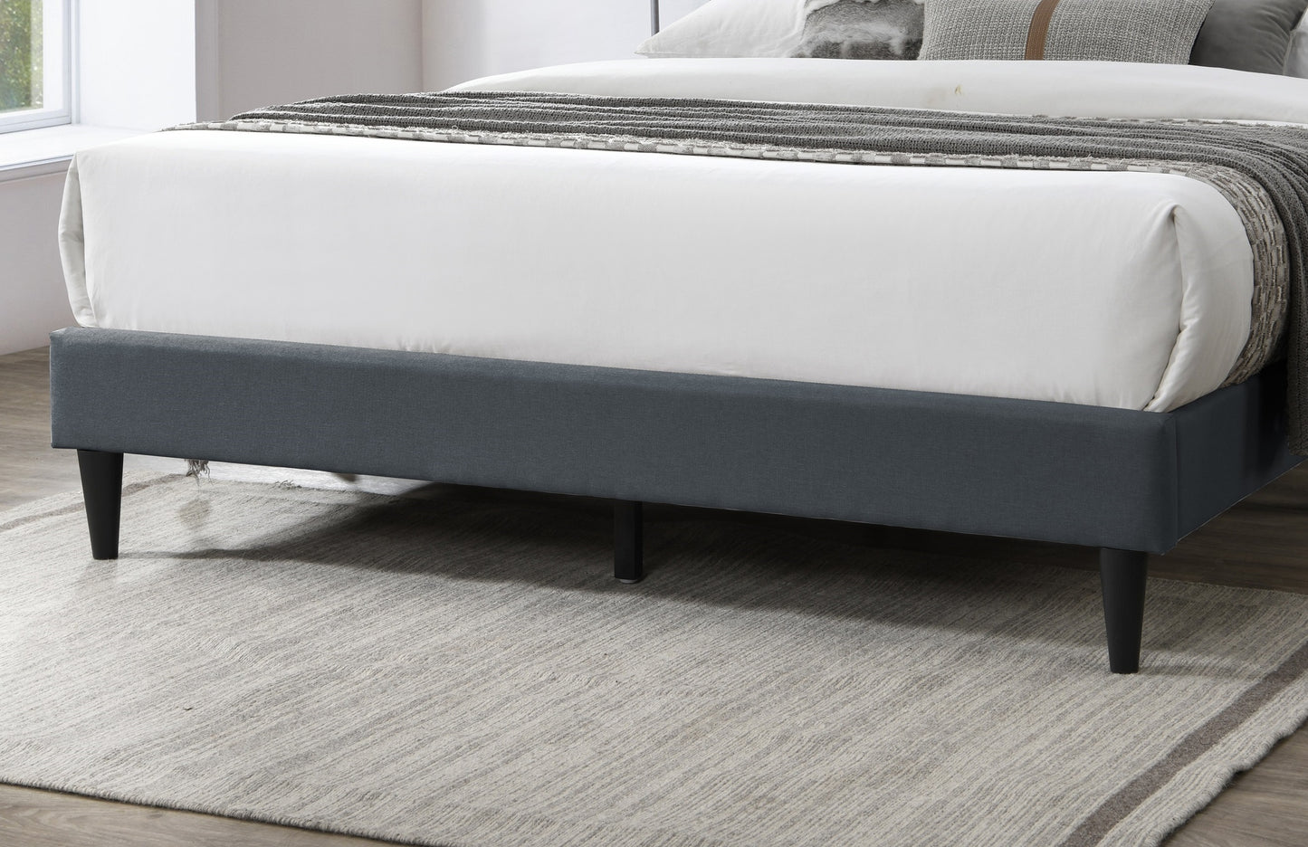 Chic Charcoal Burlap Queen Bed with Vintage Nailhead Trim Accents