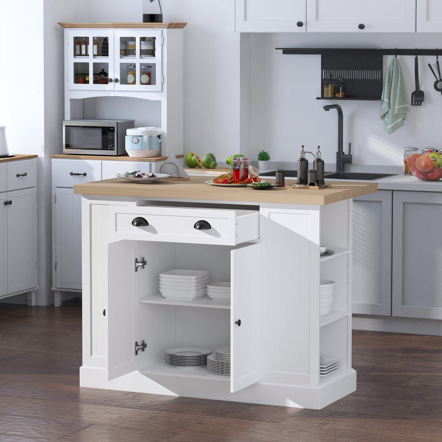 Modern White Fluted Wooden Kitchen Island with Drop Leaf, Drawer, and Open Shelves for Versatile Storage