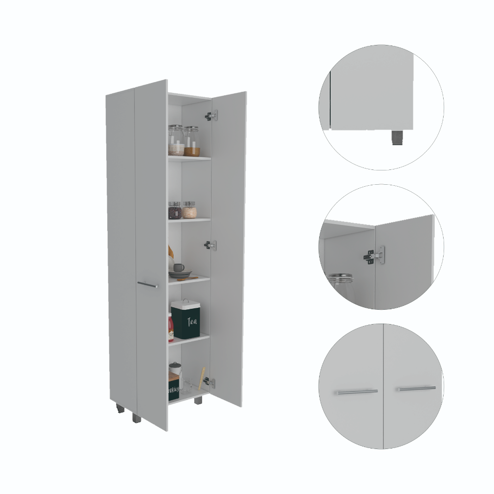 Modern White Pantry Cabinet with Five Shelves and Four Legs