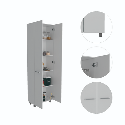 Modern White Pantry Cabinet with Five Shelves and Four Legs